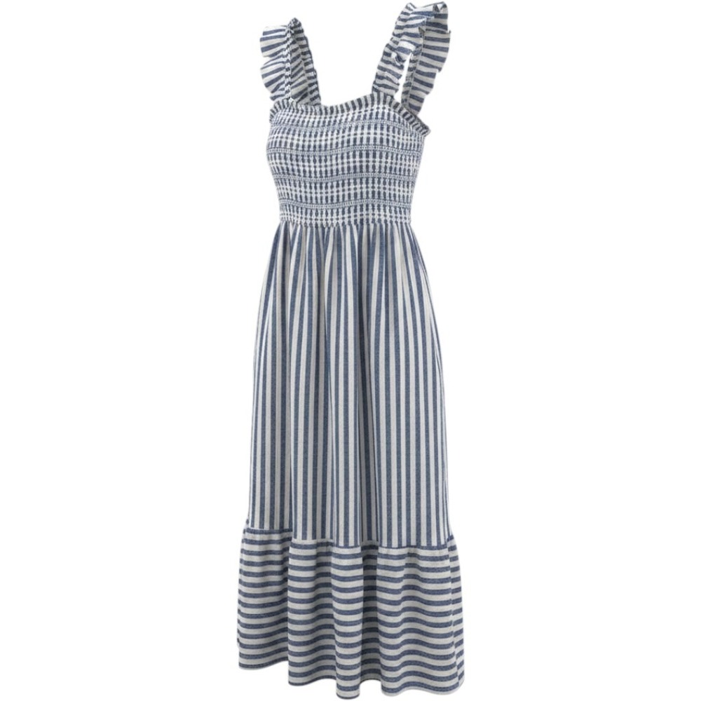 Truly 4 You Dress Womens XL Blue Stripe Smocked Ruffle Maxi Metallic Cotton